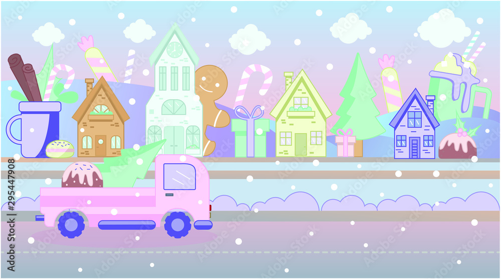 Flat vector illustration of a candy land. On the street are sweets, muffins, lollipops. Christmas city in the snow. On the road goes a red tractor with a Christmas tree and gifts. Candy color.
