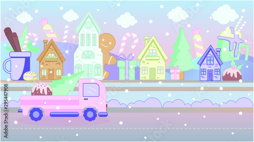 Flat vector illustration of a candy land. On the street are sweets, muffins, lollipops. Christmas city in the snow. On the road goes a red tractor with a Christmas tree and gifts. Candy color. © Svetlana Lautrec