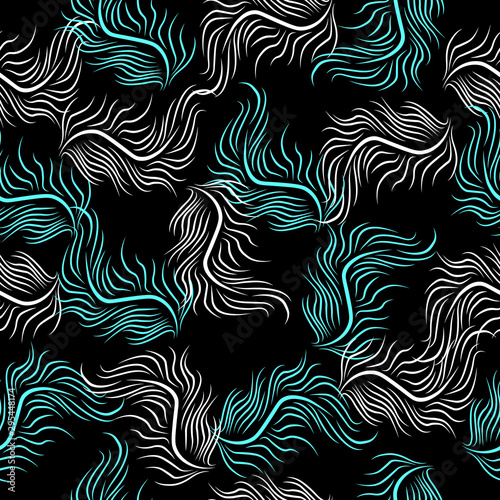 Feathers seamless print pattern on dark background.