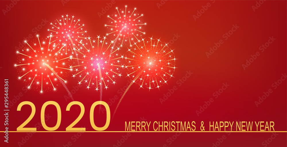 Happy new year 2020 golden text with fireworks on red background. Holiday banner, template or card. Happy new year 2020 golden text with fireworks on red background. Holiday banner, template or card.