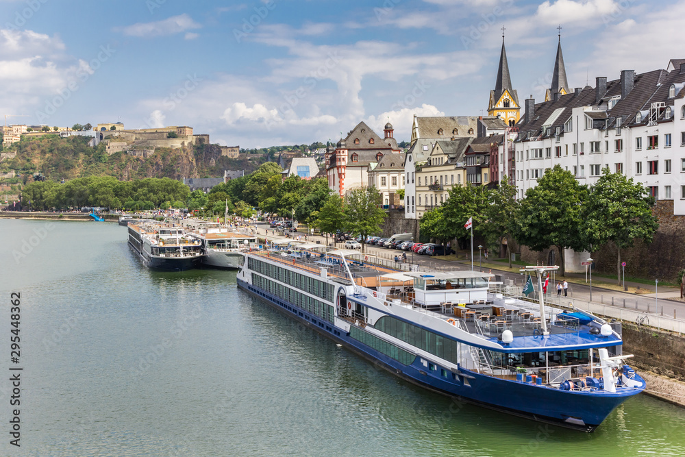 Cruise ships in front of the skyline of Koblenz, Germany