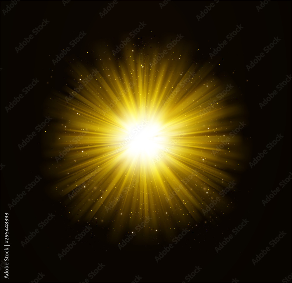 Golden bright shining light effect with stars. Rays of light with sparkles on dark background. Stock Vector | Adobe