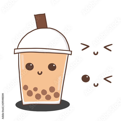 Milk Bubble Tea with cute face. Doodle drawing vector
