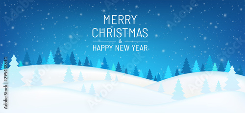 Winter snowy night, mountains with coniferous forest and falling snow. Holiday winter landscape, poster, banner, Merry Christmas and New Year.