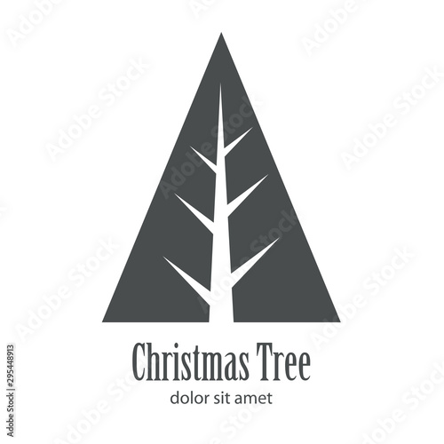 Logotipo con texto Christmas Tree con árbol abstracto triangulo con tronco y ramas en espacio negativo en color gris