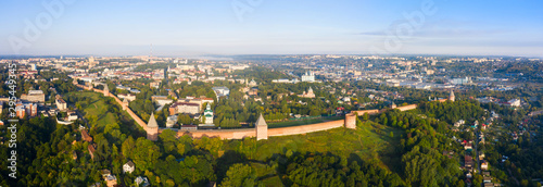 Towers of Smolensk fortress wall. The southern wall of the Smolensk Kremlin and a panorama of the city of Smolensk from a flight height, Russia.