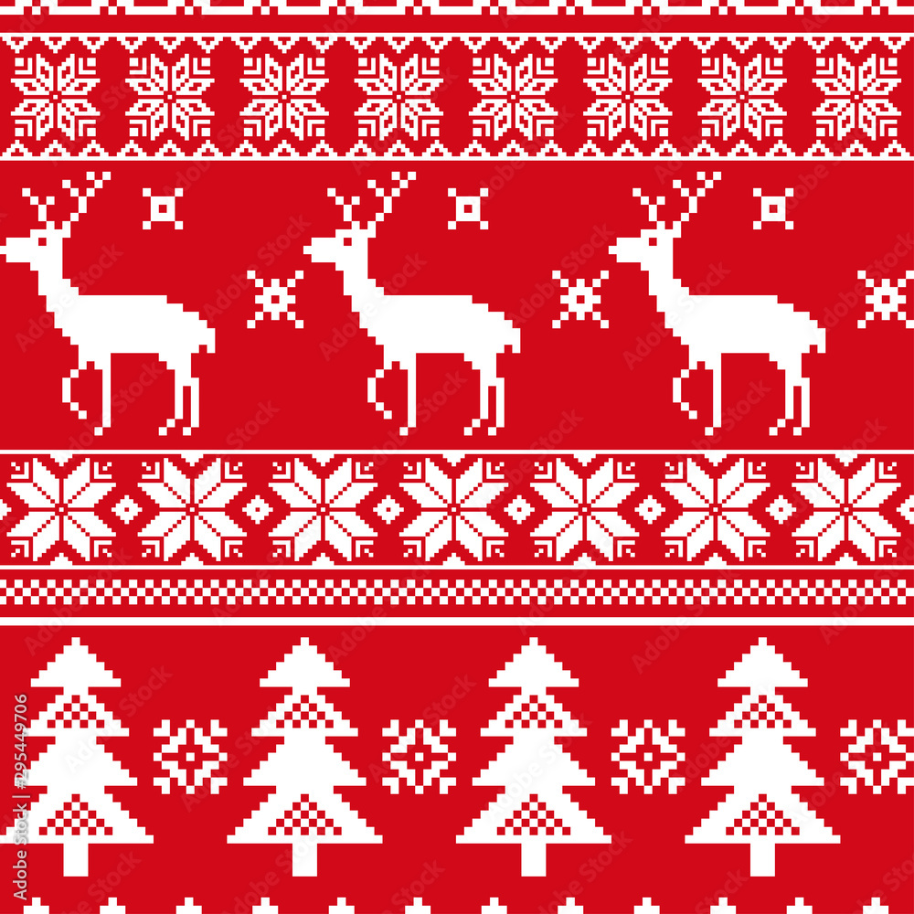 seamless christmas knitted white pattern on red background with reindeer and Christmas trees. seamless christmas knitted white pattern on red background with reindeer and Christmas trees.
