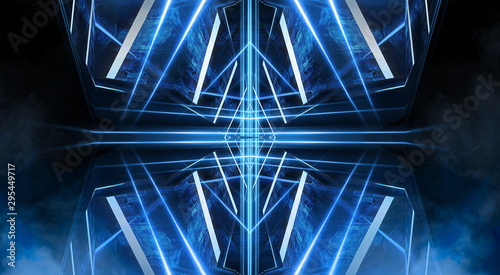 Abstract light tunnel  blue background  stage  portal with rays  neon blue light and spotlights. Dark empty scene with cold neon. Symmetric reflection  perspective. 3D rendering.