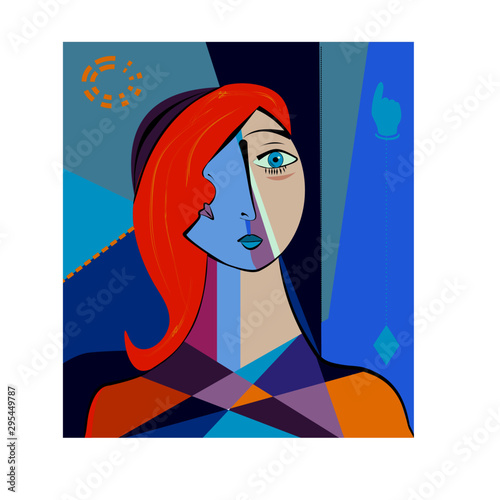 Fotografie, Obraz Colorful abstract background, cubism art style,portrait of girl with red hair