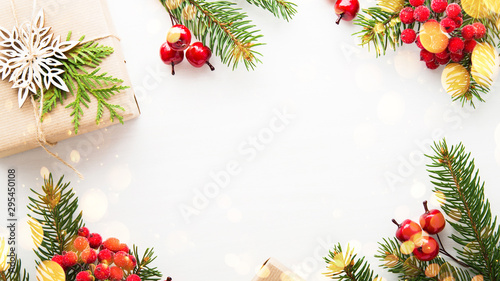 Christmas gifts on white background top view. Merry Christmas greeting card, frame. Winter xmas holiday theme. Happy New Year. Flat lay 