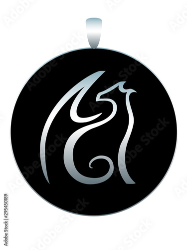 Round silver medallion - pendant with black enamel and the image of a stylized dragon - stock illustration. Jewelry with the image of a dragon.