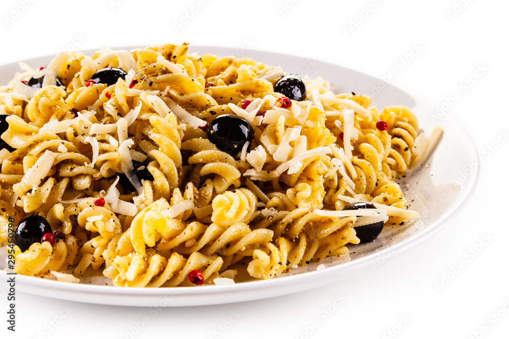 Pasta with vegetables on white background