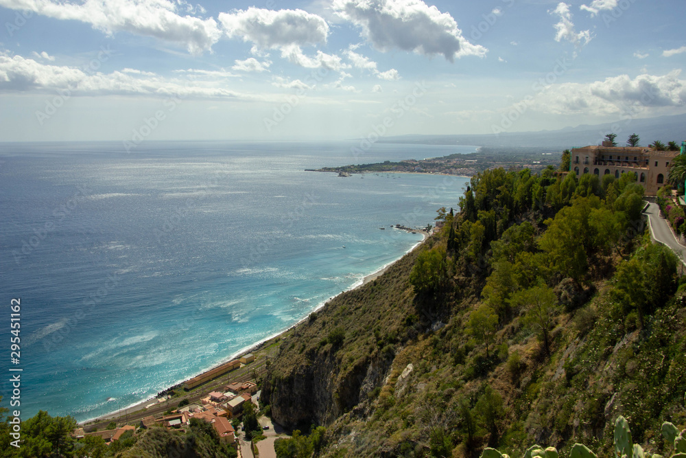 The bay of Giardini-Naxos viewed from Taormina, Sicily Italy