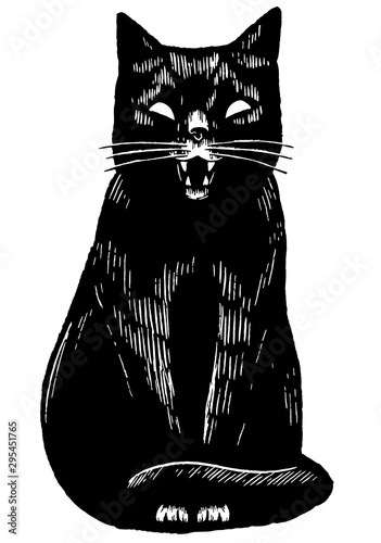 Vintage style vector illustration. Angry black cat. Hand drawn graphic picture. Digital sketches of pet animals. Wild life drawing. Design element for poster, print, postcard, t-shirt etc.