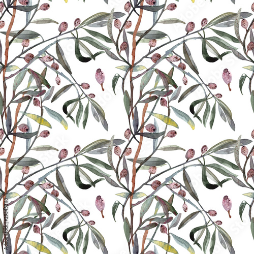 Elaeagnus commutata - silverberry or wolf-willow  seamless pattern watercolor. Twig  leaves   berries and drupes. Perfect for textile  print  fashion  dress  silk  certification