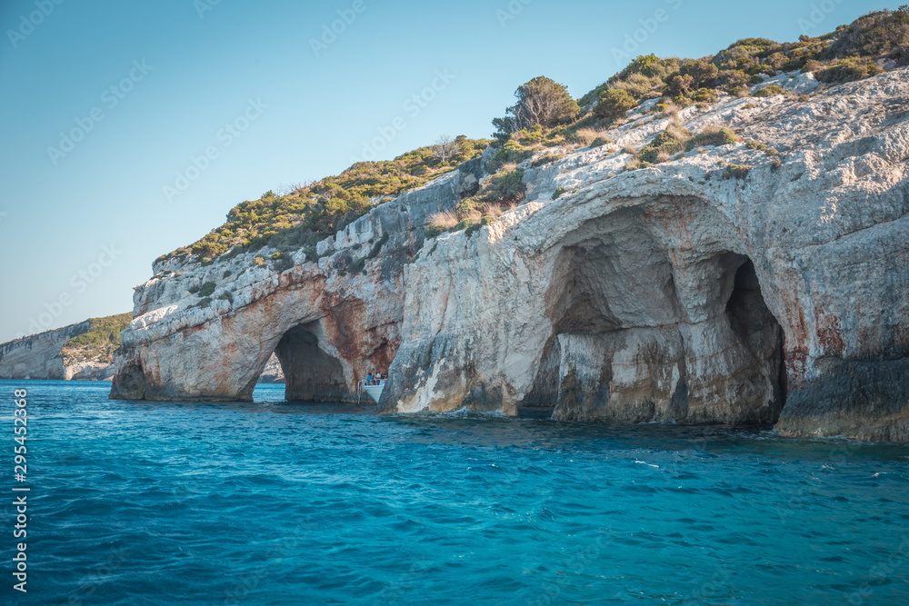 Blue caves on Zakynthos island, Greece. Famous caves with crystal clear waters on Zakynthos island.