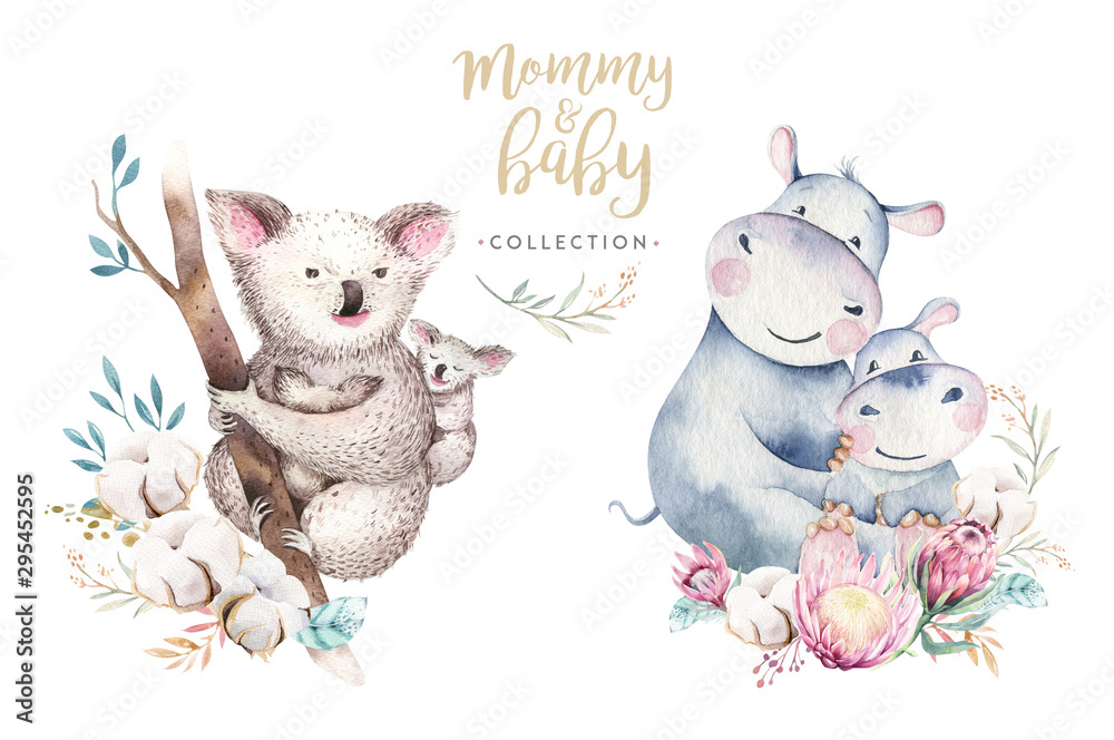 Watercolor cute cartoon little baby and mom koala with hippo floral wreath. Isolated tropical illustration. Mother and baby design. Animal family. Kid love birthday drawing