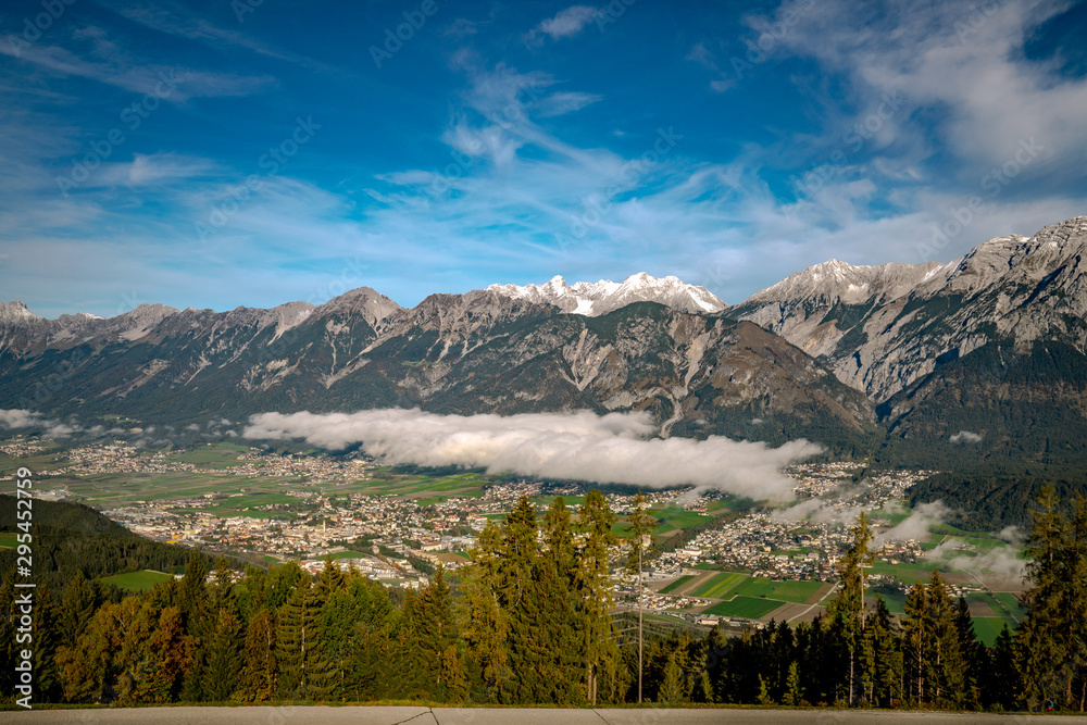 City Hall in Tirol and Karvendel mountain range