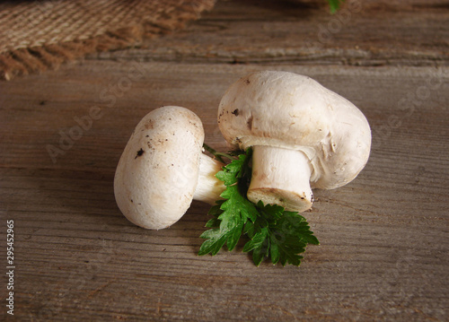 Champignon and parsley on a wooden table