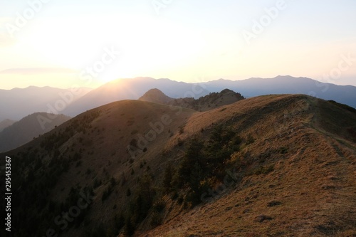 View around peak Lomis Mta in Borjomi-Kharagauli National Park, Georgia. Amazing autumn colours in evening sunlight.