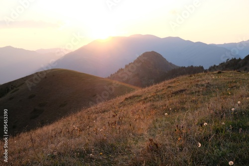 View around peak Lomis Mta in Borjomi-Kharagauli National Park, Georgia. Amazing autumn colours in evening sunlight.