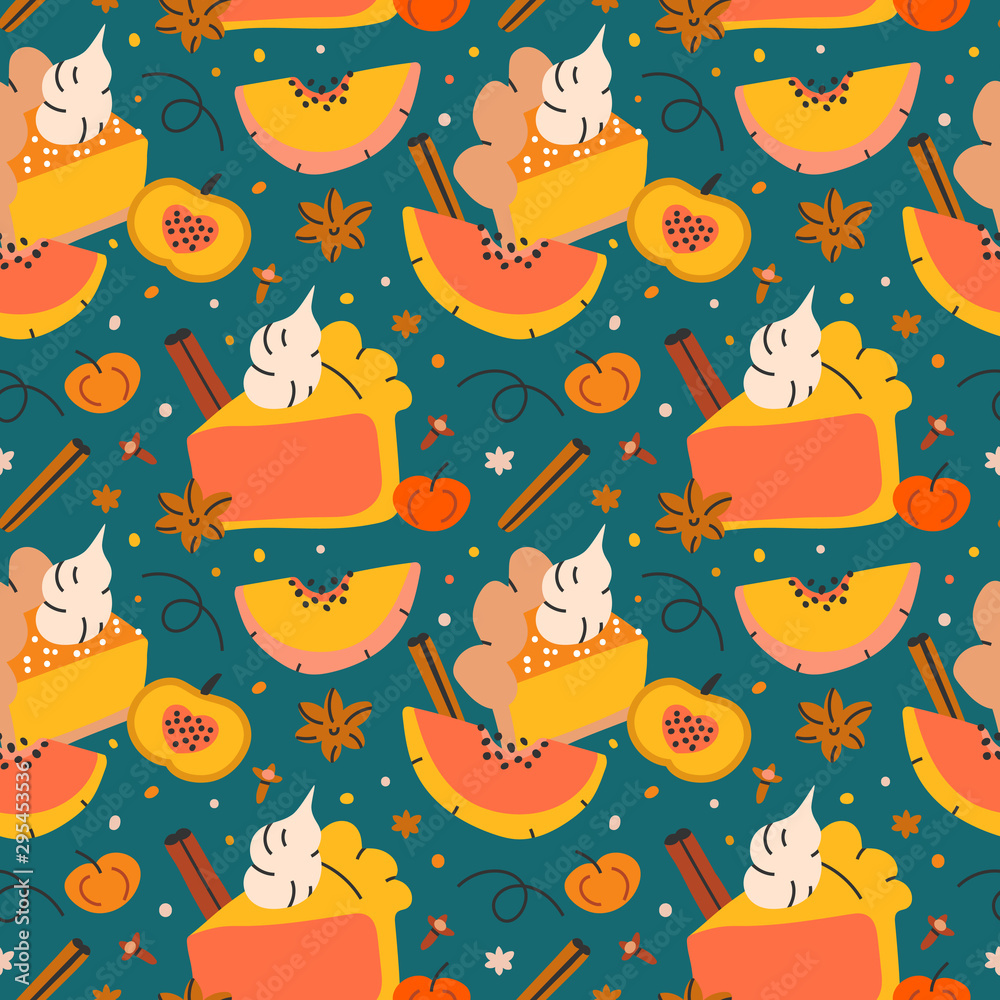 Hand drawn seamless vector pattern with pumpkin and spice tart pie decorated with cinnamon. Endless background with piece of cake, textile fabric or wrapping paper. Decorative doodle wallpaper.