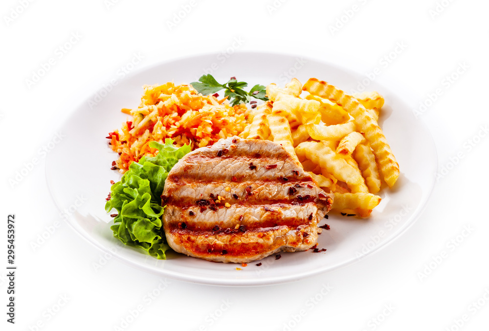 Grilled steak with french fries on white background Grilled steak with french fries on white background