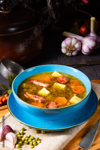 polish pea soup (grochowka) with smoked bacon and sausage