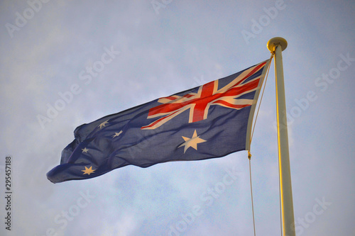 Austarlia flag, weaving flaf of Austraila during the beautiful golden hour in Sydeny