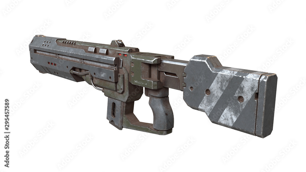 Illustrazione Stock 3d illustration of sci-fi futuristic weapon isolated on  white background. Science fiction military laser gun. Concept design of  high-tech assault rifle, green gray color scratched metal, white stripes |  Adobe