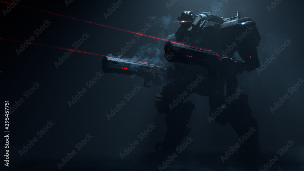 3d illustration of night action scene of sci-fi mech standing in the fog in attacking pose with two assault guns with laser sight on dark background. Military storm trooper robot with tank metal armor - obrazy, fototapety, plakaty 