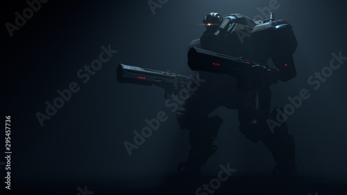 3d illustration of night action scene of sci-fi mech soldier standing with two assault guns on dark background. Concept art of military storm trooper robot with tank metal armor. Security Mech Battle photo