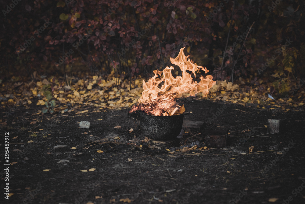 Burning pot in the forest, danger of fire and bonfire Burning pot in the forest, danger of fire and bonfire