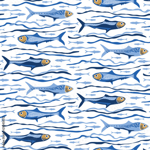 Blue Sardines Fish Seamless Vector Pattern. Swimming Sea Animal Motif for Lisbon St Anthony Portugese Food Festival. Graphic for Traditional Recipe Branding, Canned Seafood Packaging. Vector EPS10
