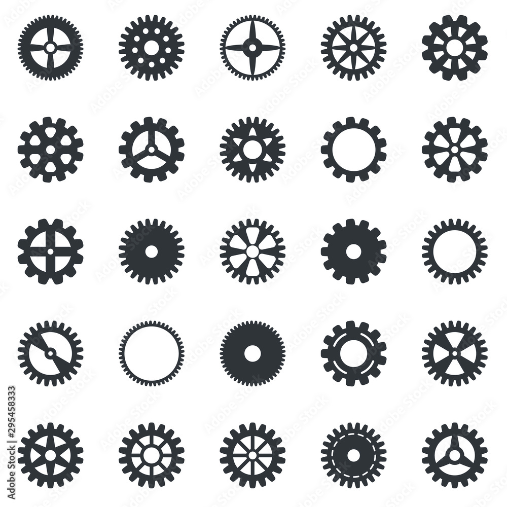 Gear icons set. Vector transmission cog wheels and gears isolated on white background Gear icons set. Vector transmission cog wheels and gears isolated on white background