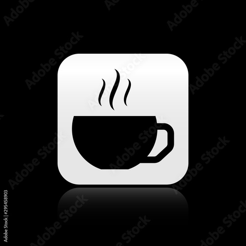 Black Coffee cup flat icon isolated on black background. Tea cup. Hot drink coffee. Silver square button. Vector Illustration