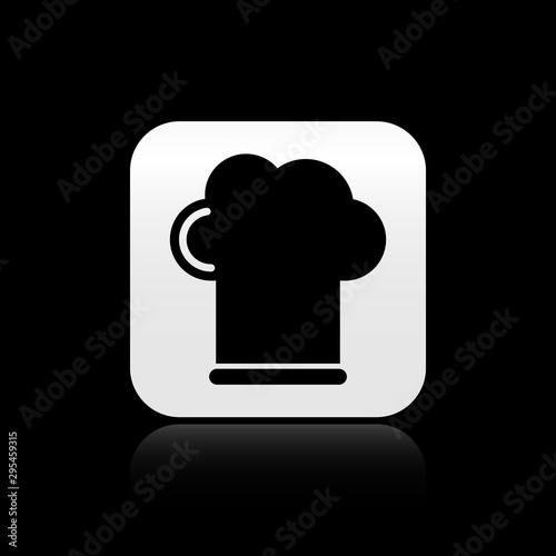 Black Chef hat icon isolated on black background. Cooking symbol. Cooks hat. Silver square button. Vector Illustration