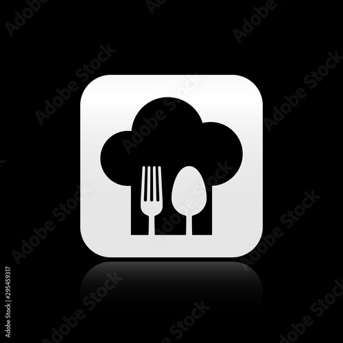 Black Chef hat with fork and spoon icon isolated on black background. Cooking symbol. Restaurant menu. Cooks hat. Silver square button. Vector Illustration