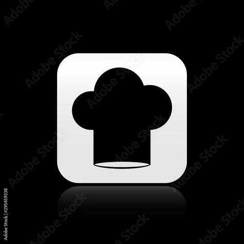 Black Chef hat icon isolated on black background. Cooking symbol. Cooks hat. Silver square button. Vector Illustration