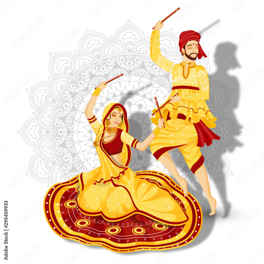 Illustration of young couple dancing garba pose on white mandala floral  background. 23437835 Vector Art at Vecteezy