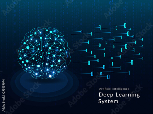 Human brain made by mesh digital network on matrix or binary coded background with shiny numeric digits 0 and 1.