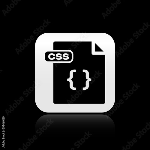 Black CSS file document. Download css button icon isolated on black background. CSS file symbol. Silver square button. Vector Illustration