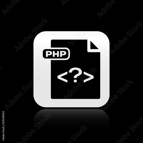 Black PHP file document. Download php button icon isolated on black background. PHP file symbol. Silver square button. Vector Illustration