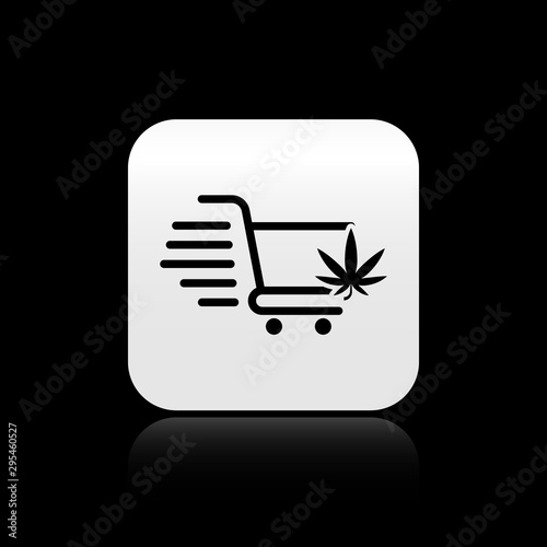 Black Shopping cart with marijuana or cannabis leaf icon isolated on black background. Online buying. Delivery service. Supermarket basket. Silver square button. Vector Illustration