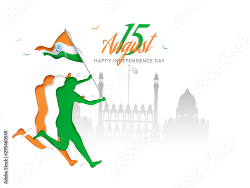 Silhouette of people holding flag and running in front of Red Fort for celebrating  Indian Independence day   poster or wallpaper design.