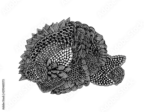 Design texture element. An original black and white ornament of lines and plant components is manually drawn. Vector 10 EPS.