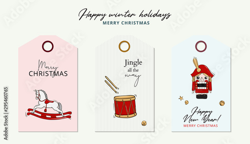 Merry Christmas card tale nut cracker, rocking horse, drum illustration winter greeting tag with calligraphy text, play wooden toy character banner xmas vector, holiday eve drawing