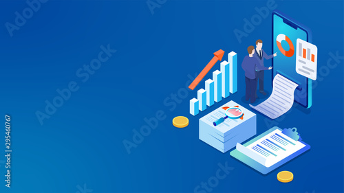 3D illustration of smartphone with business analysts analysis the data and infographic elements on blue background.