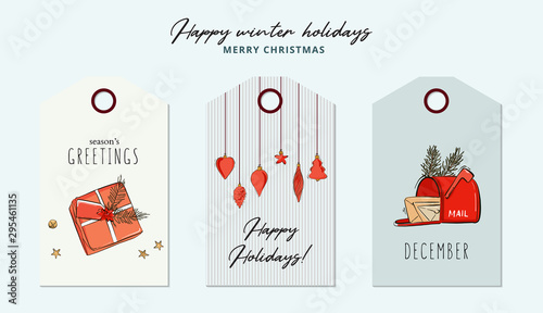 Christmas typography card with deoration balls, New Year eve mail, gifts and text quotes greetings. Modern doodle sketch, Xmas winter art, cartoon badges