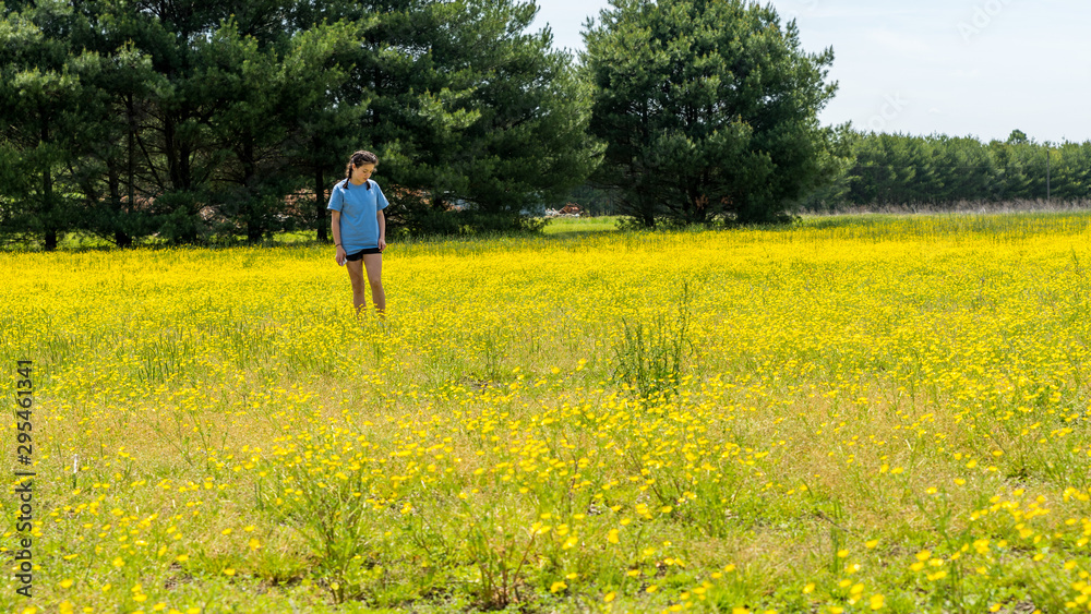 Teen girl standing in large field with yellow flowers and trees in the background